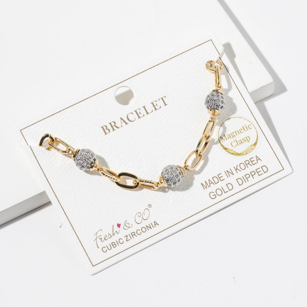 Gold Dipped Cubic Zirconia Metal Chain Link Ball Bracelet